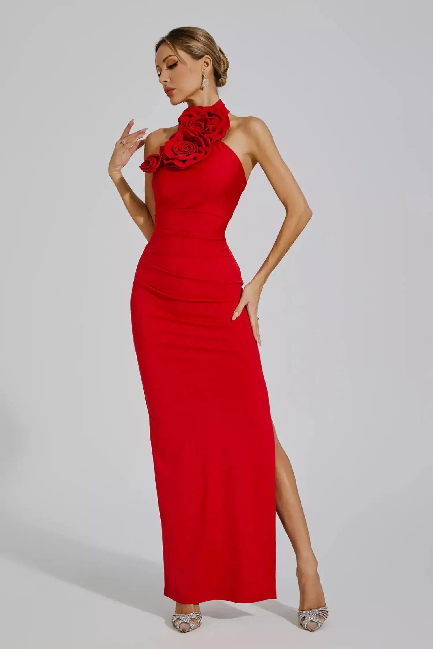 Zoey™ | Red Floral Ruched Halter Maxi Dress Dresses