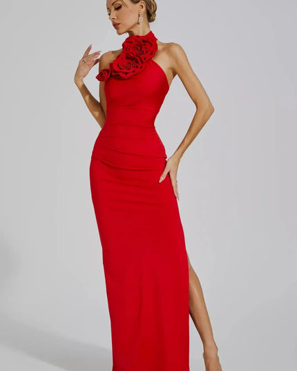 Zoey™ | Red Floral Ruched Halter Maxi Dress Dresses