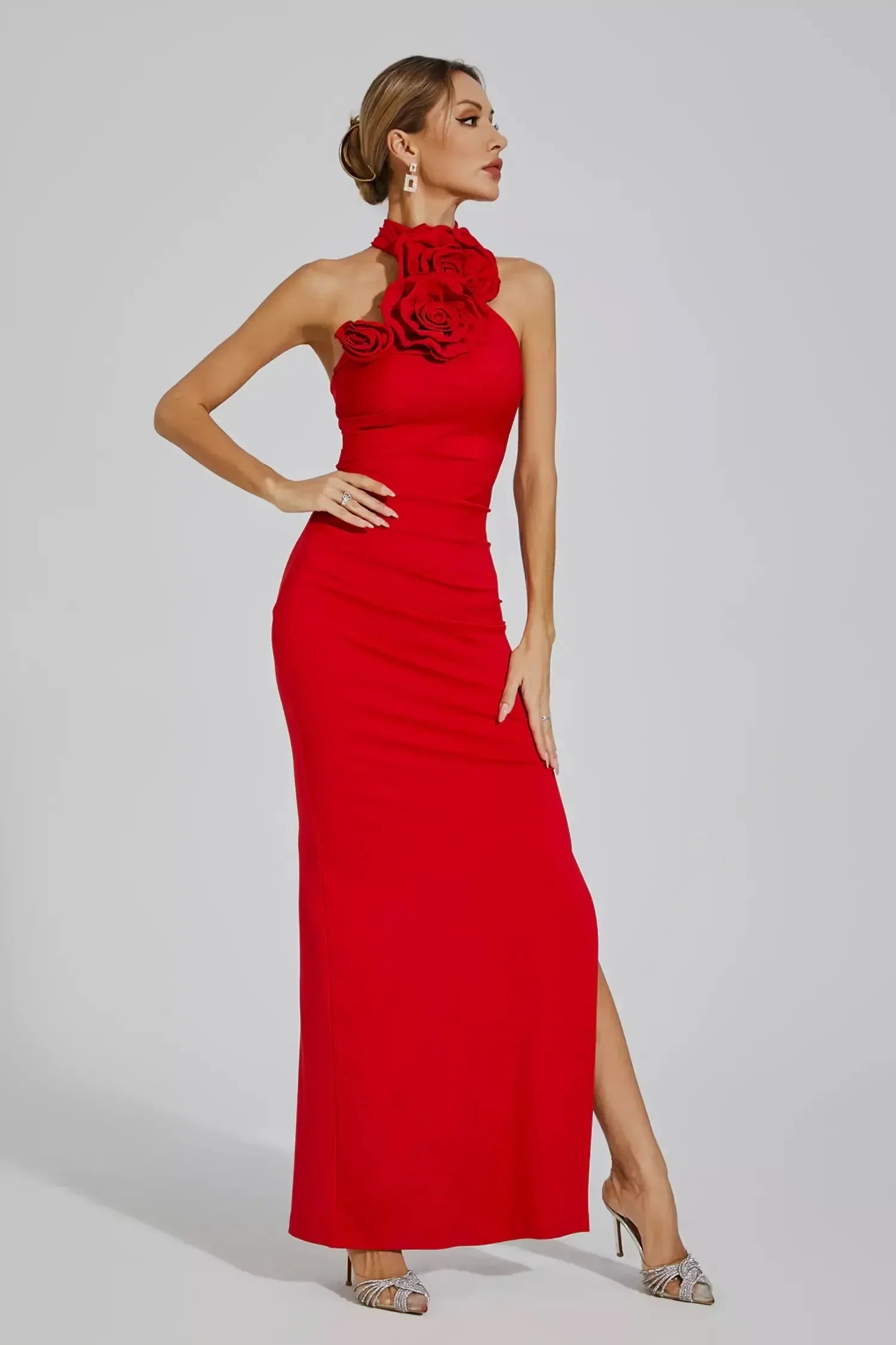 Zoey™ | Red Floral Ruched Halter Maxi Dress M Dresses