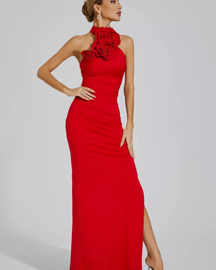 Zoey™ | Red Floral Ruched Halter Maxi Dress M Dresses