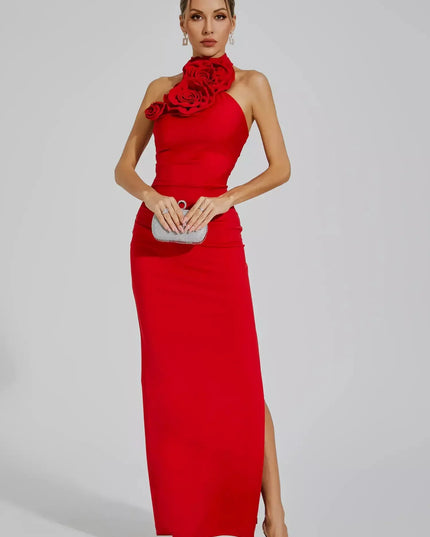 Zoey™ | Red Floral Ruched Halter Maxi Dress XS Dresses