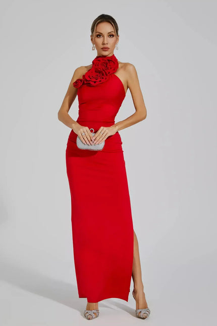 Zoey™ | Red Floral Ruched Halter Maxi Dress XS Dresses