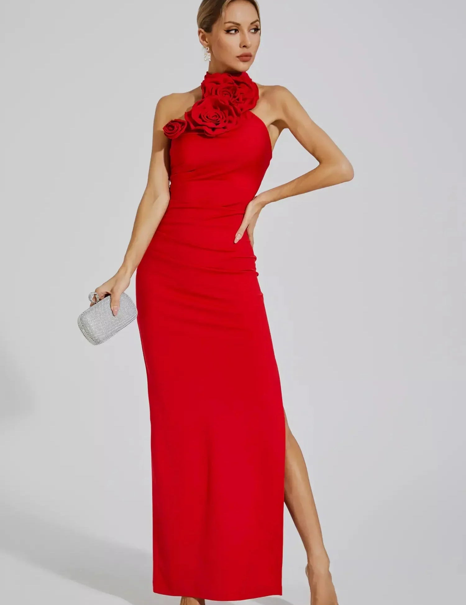Zoey™ | Red Floral Ruched Halter Maxi Dress S Dresses