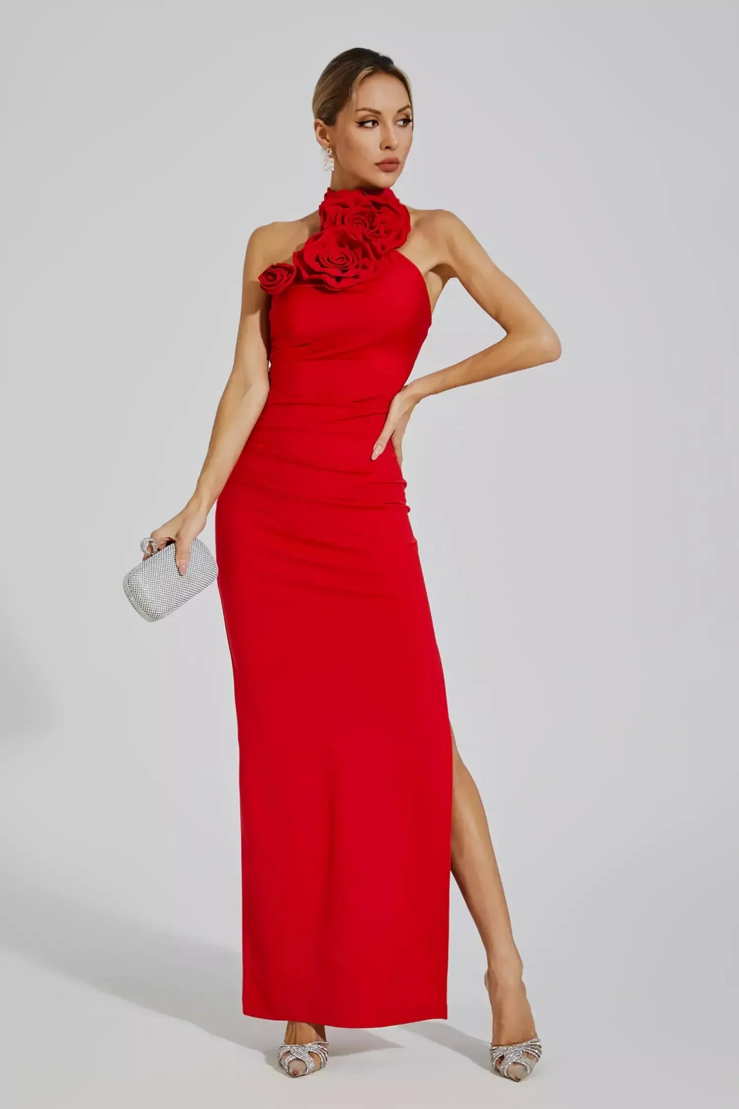 Zoey™ | Red Floral Ruched Halter Maxi Dress S Dresses