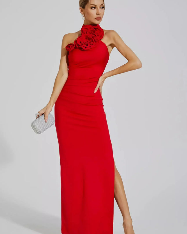 Zoey™ | Red Floral Ruched Halter Maxi Dress S Dresses