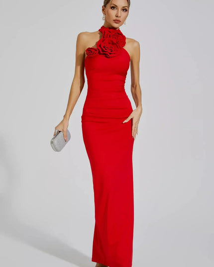 Zoey™ | Red Floral Ruched Halter Maxi Dress Dresses