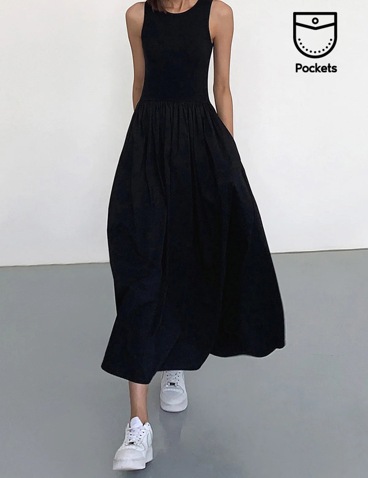 Leisure Crew Neck Long Dress Black Dresses