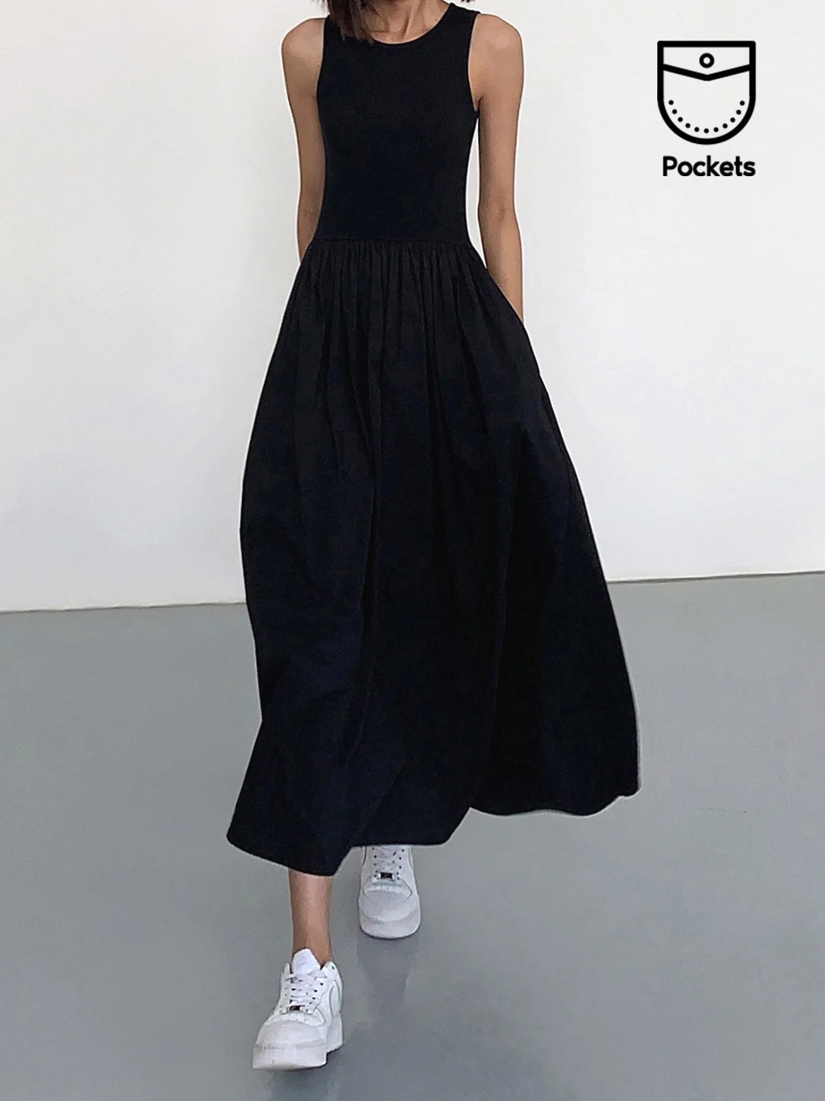 Leisure Crew Neck Long Dress Black Dresses