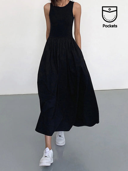 Leisure Crew Neck Long Dress Black Dresses