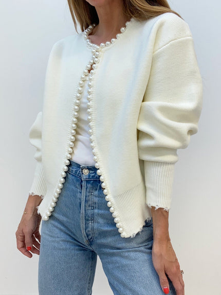 Milena | Pearl Trim Ripped Hem Cardigan White Cardigans