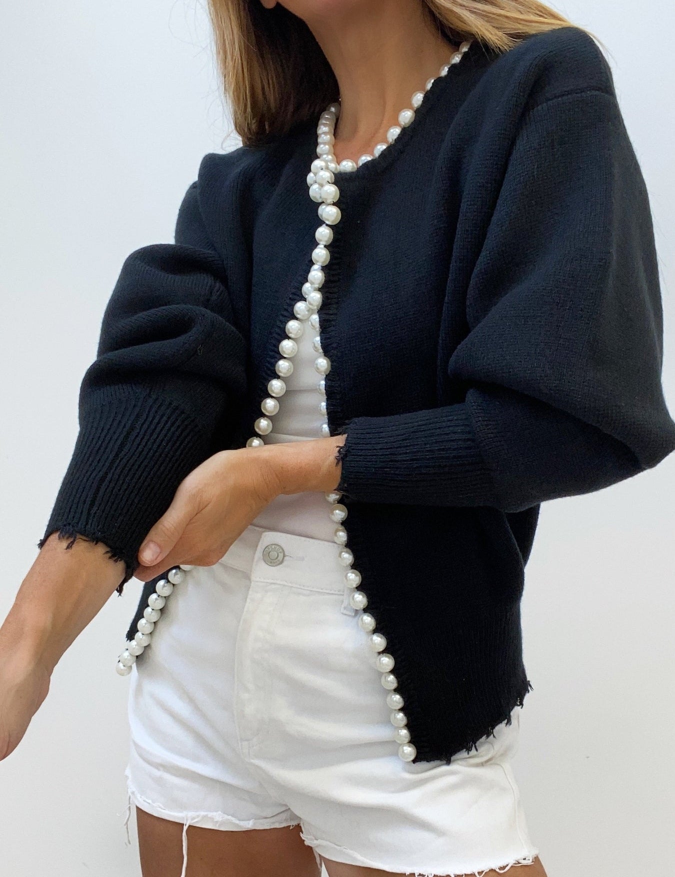 Milena | Pearl Trim Ripped Hem Cardigan Black Cardigans