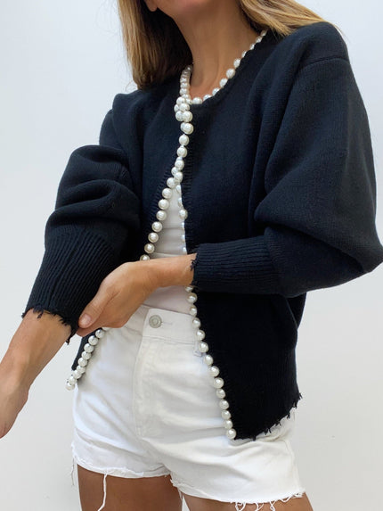Milena | Pearl Trim Ripped Hem Cardigan Black Cardigans