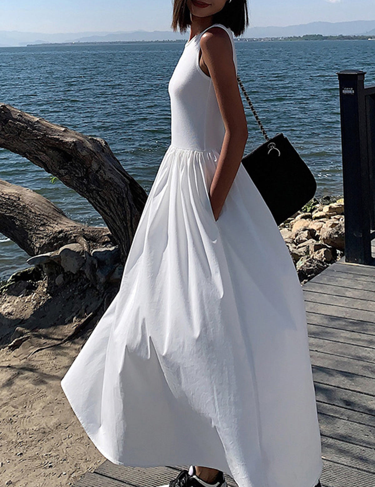 Leisure Crew Neck Long Dress White Dresses