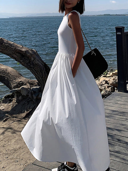 Leisure Crew Neck Long Dress White Dresses