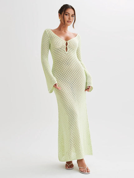 Cover Up Long Sleeve Open Back Long Dress LightGreen Dresses