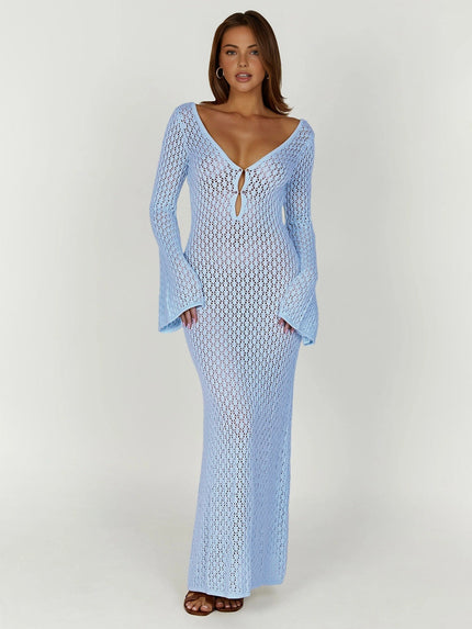 Cover Up Long Sleeve Open Back Long Dress LightBlue Dresses