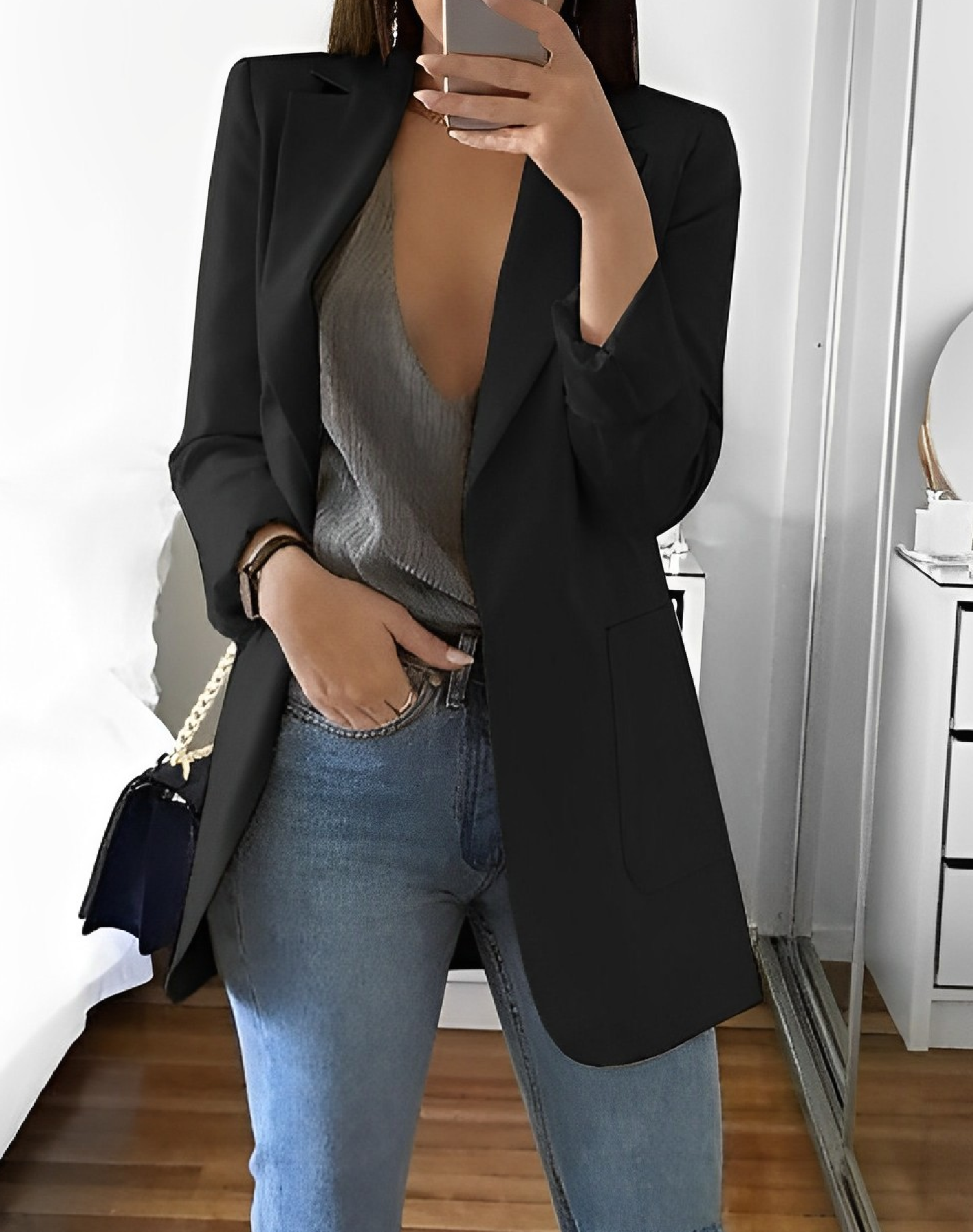 Women's Casual Open-Front Blazer Black Blazer