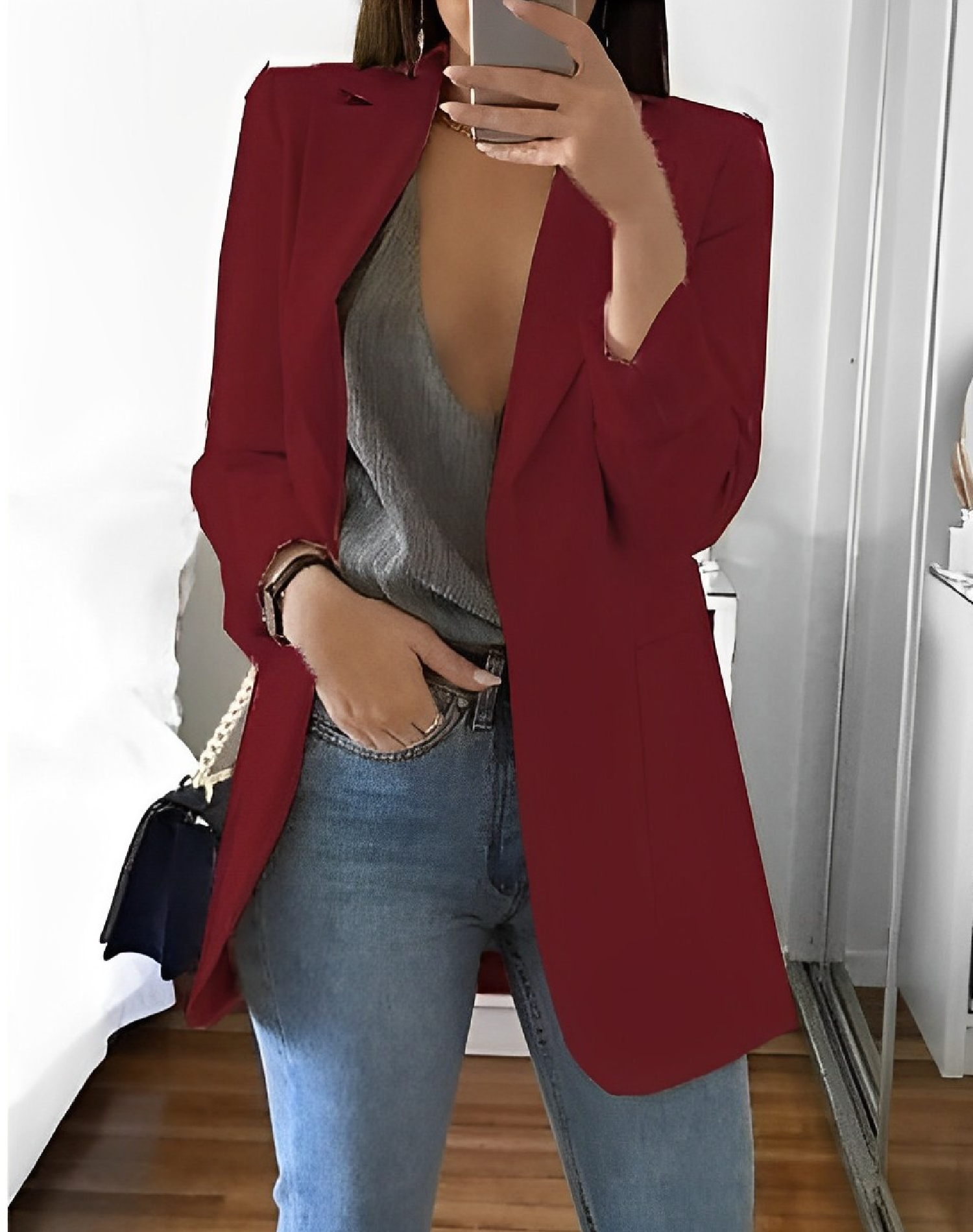 Women's Casual Open-Front Blazer Wine Blazer
