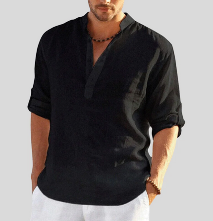 Adriano – Elegant Linen Shirt with Collar Black Shirts