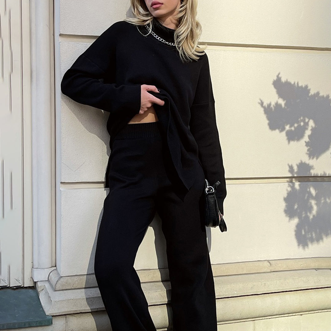 Elegant Split-Hem Turtleneck Sweater Black Sweater
