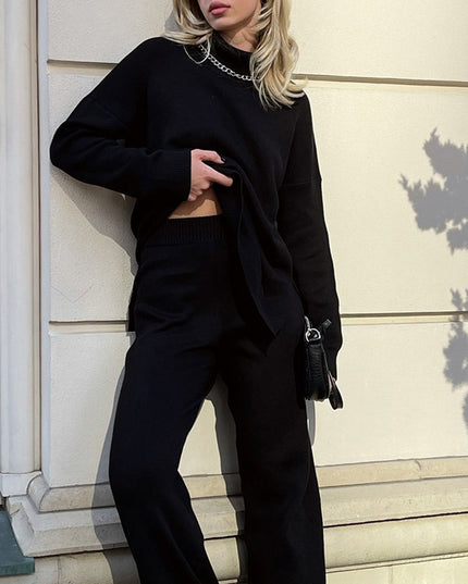 Elegant Split-Hem Turtleneck Sweater Black Sweater