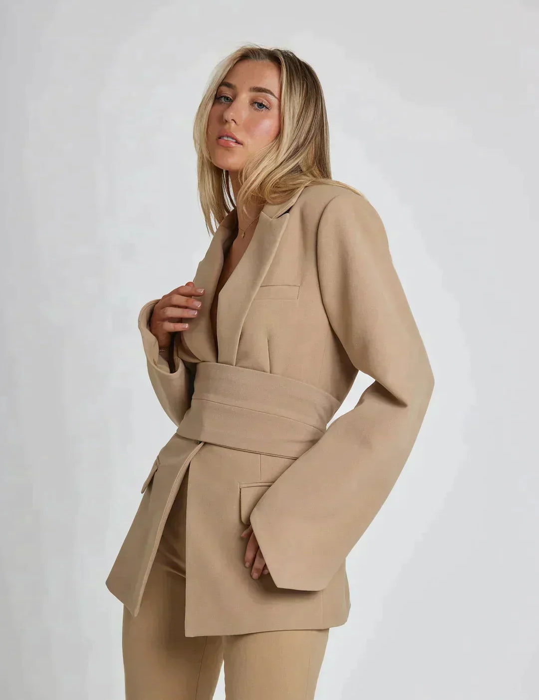 Women's Belted Blazer Beige Blazer