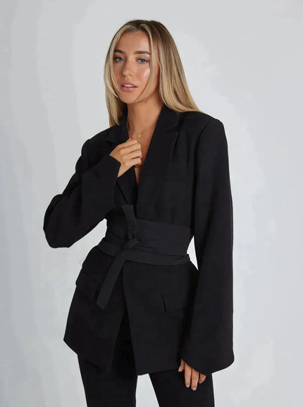 Women's Belted Blazer Black Blazer