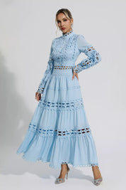 Cara™ | Blue Cut Out Long Sleeve Dress L Dresses