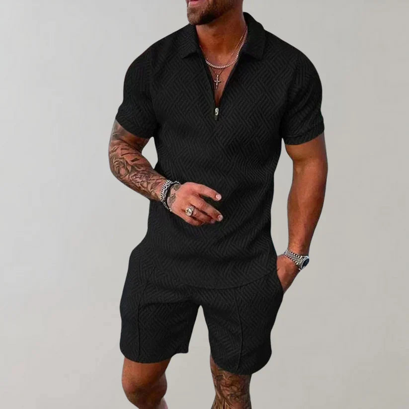 Men's Zip Polo Set Black Shirts & Tops
