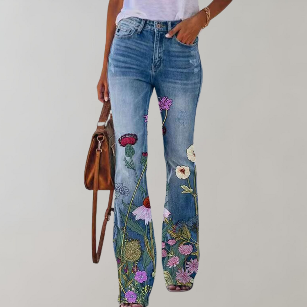 Women's Floral Embroidered Jeans Red flower Pants
