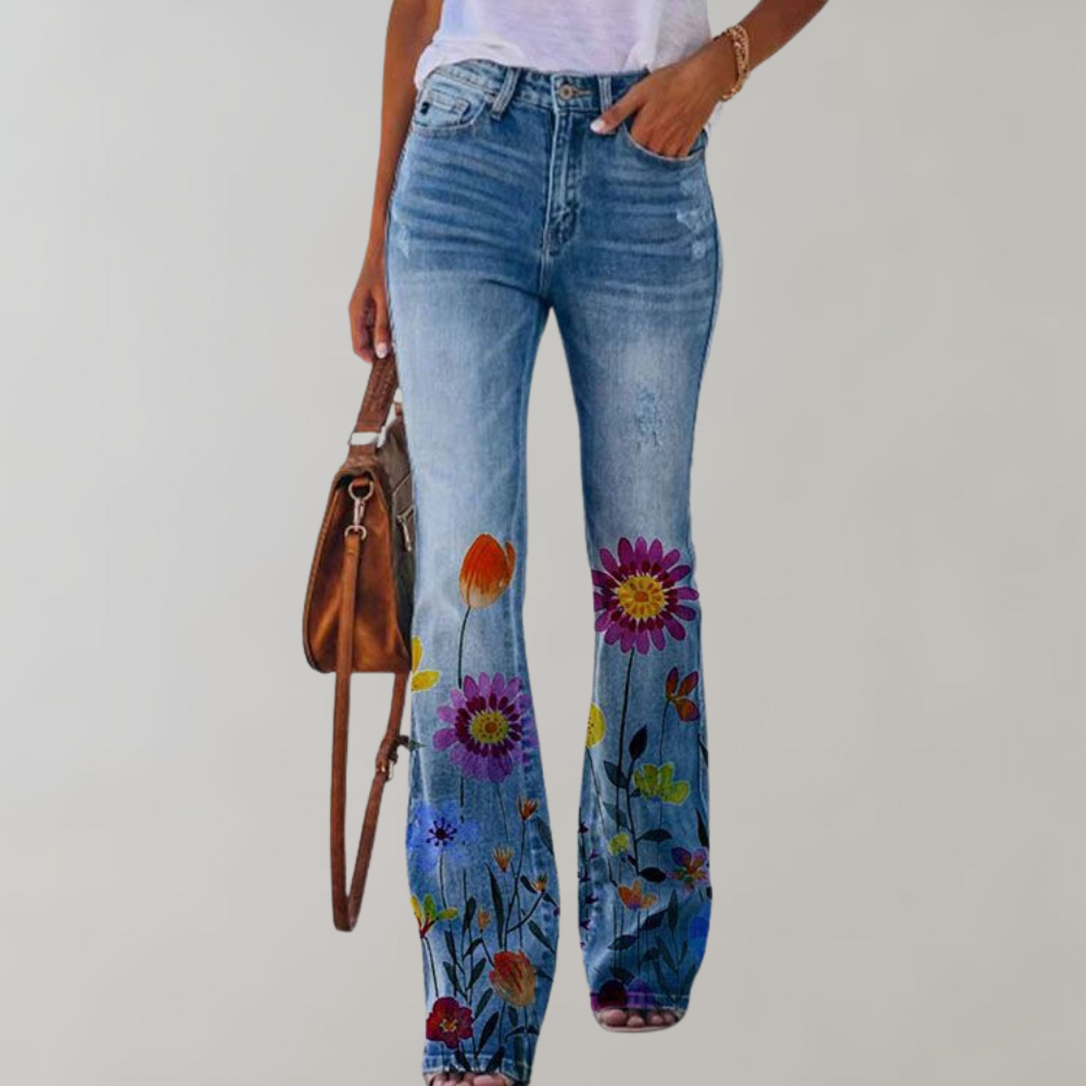 Women's Floral Embroidered Jeans Purple flower Pants