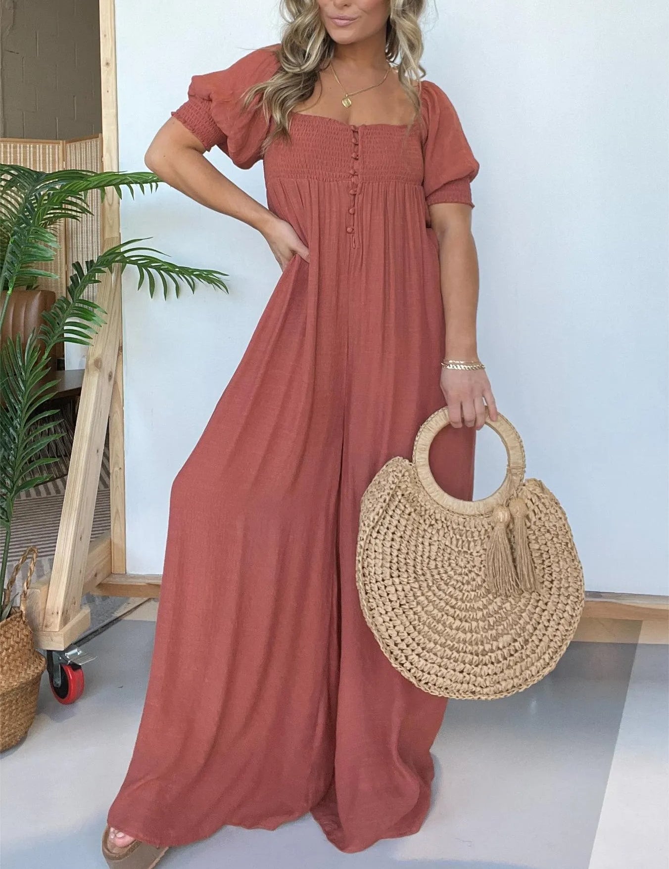 Wyn™ | Feminine Flair Smocked Jumpsuit Jumpsuit