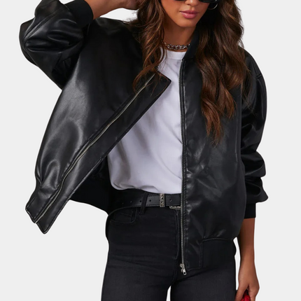 Women's Casual Leather Jacket Black Jackets