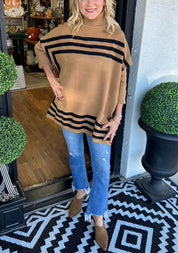 Inessa™ | High Neck Bat Sleeve Striped Sweater Camel Sweaters