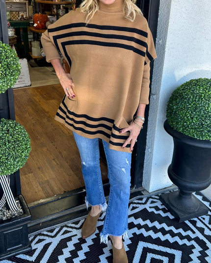 Inessa™ | High Neck Bat Sleeve Striped Sweater Camel Sweaters