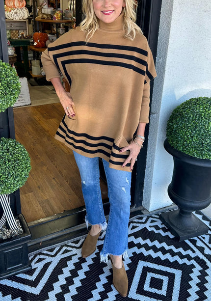 Inessa™ | High Neck Bat Sleeve Striped Sweater Camel Sweaters
