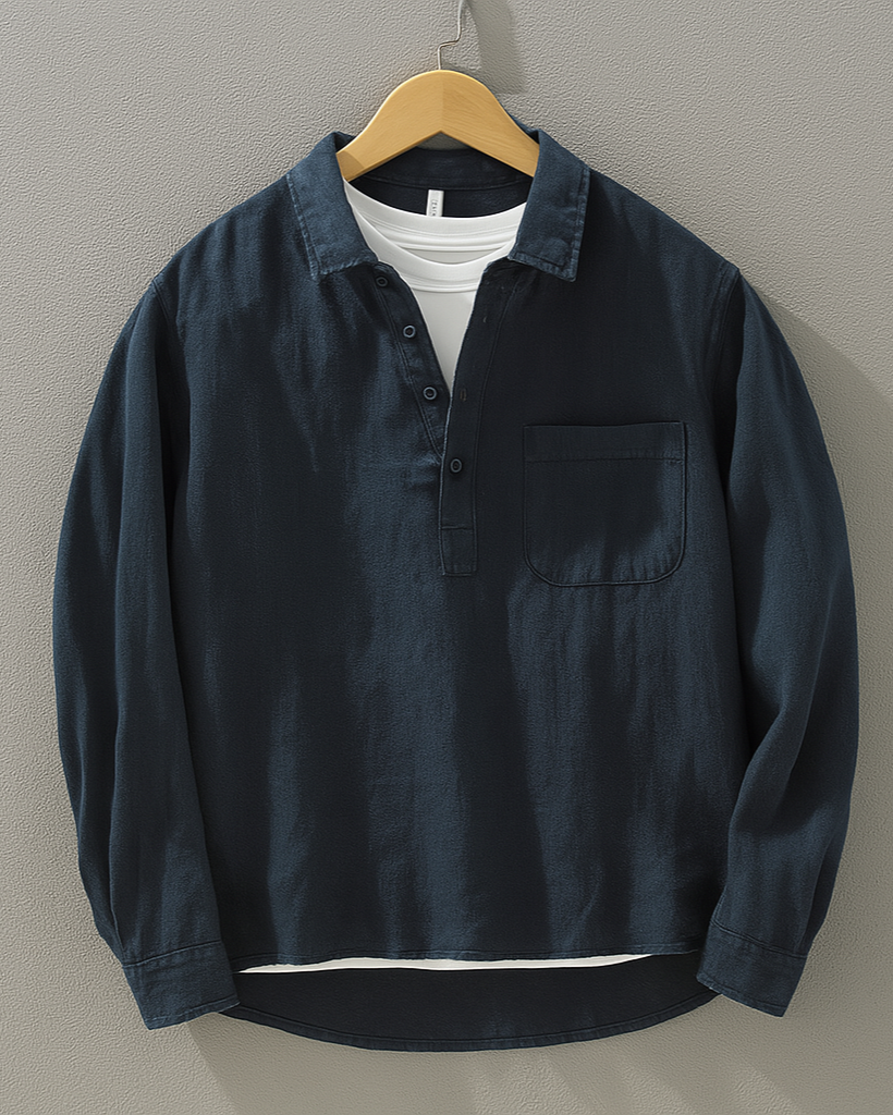 Breathable Linen Button-Up Shirt Navy Men Shirts