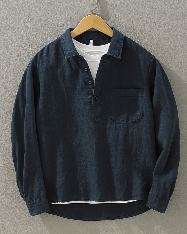 Breathable Linen Button-Up Shirt Navy Men Shirts