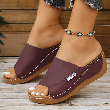 Cleo™ - Summer Wedge Slide Sandals Wine Red Sandals