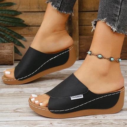 Cleo™ - Summer Wedge Slide Sandals Black Sandals