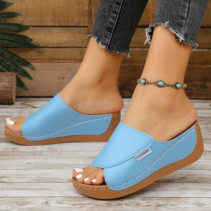 Cleo™ - Summer Wedge Slide Sandals Light Blue Sandals