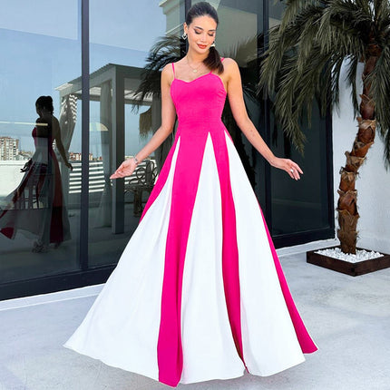 Contrast Splicing Sling Dress Rose Red Women's Clothing