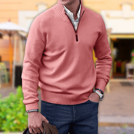 Men's Half Zipper Knit Sweater Pink Casual Sweater