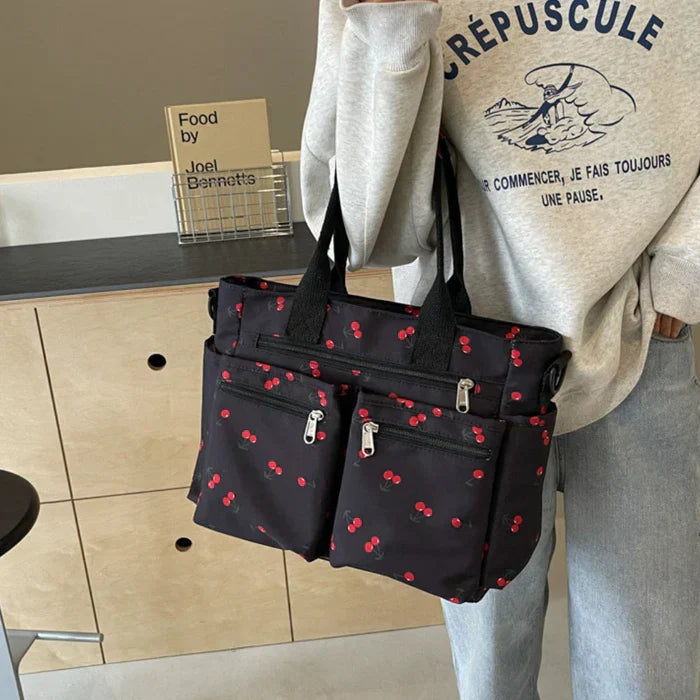 Camari | Cherry Print Canvas Tote Bag Black Bag