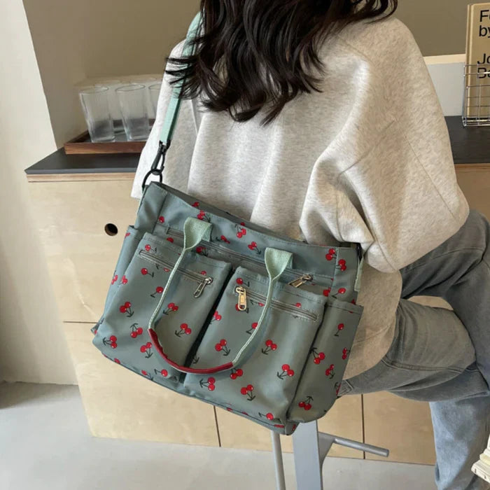 Camari | Cherry Print Canvas Tote Bag Green Bag
