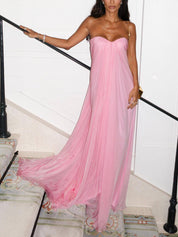 Elegant Strapless A-Line Pleated Maxi Dress Pink Dresses