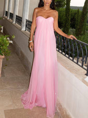Elegant Strapless A-Line Pleated Maxi Dress Dresses