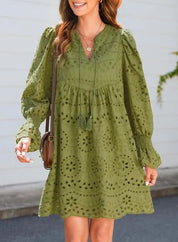 Vintage Eyelet Cotton Midi Dress Army green Dresses