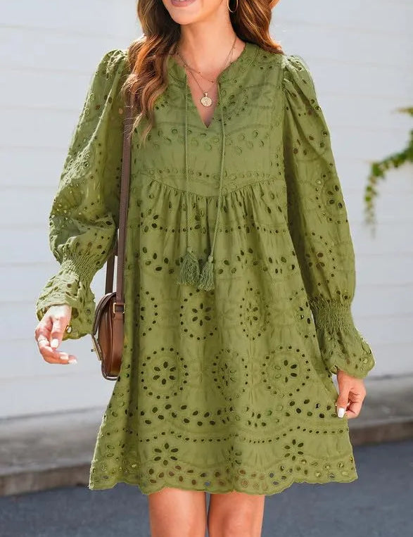 Vintage Eyelet Cotton Midi Dress Army green Dresses