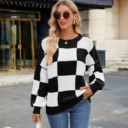 Women's Checkerboard Knit Sweater Black Sweaters
